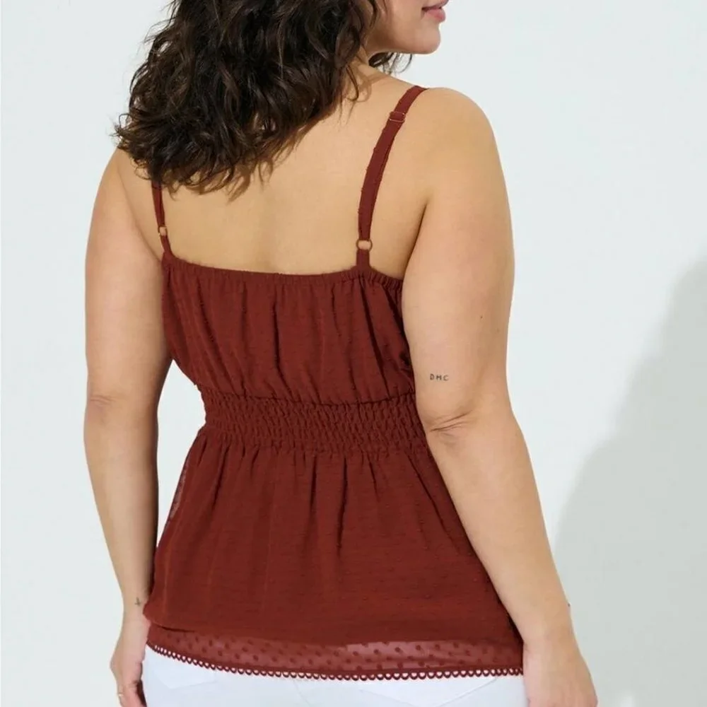 Torrid - Peplum Clip Dot Shirred Bust Lace Trim Top in Brick Red​​​​​​​​​ - Picture 11 of 12
